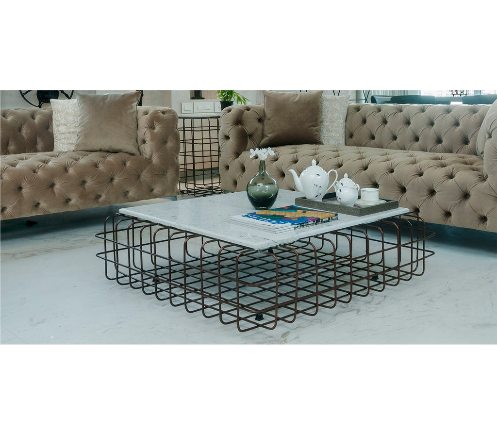 Mesh Metal Center Table in Antique Copper with Quartz Marble Top - The Metal Project