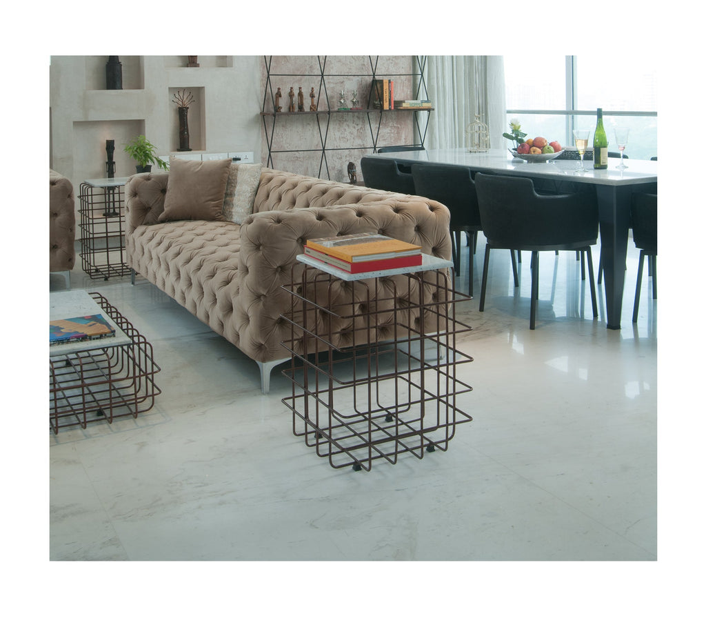 Mesh Metal Side Table in Antique Copper with Quartz Marble Top - The Metal Project